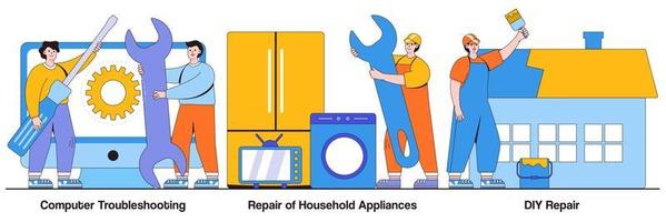 Computer troubleshooting, DIY repair of household appliances concept with people character. Repair and maintenance services vector illustration set. Warranty, video tutorial, problem fix metaphor