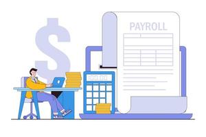 Salary payroll system for employee, financial wage calculation and automatic payment, administrative or calendar pay date for office accounting concept. Businessman compute online income using laptop vector