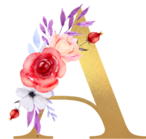 flores de acuarela con alfabeto dorado png