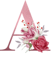 Watercolor Flowers with Rose Gold Alphabet png