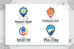 conjunto de colección de logotipo de vector de ciudad pin con concepto de estilo simple, mapa de pin de ilustración, pin de cohete, pin home.