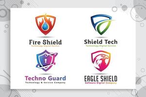 set collection of 3d shield tech vector logo design with modern concept , illustration symbol of cyber security  for digital  protection software company.