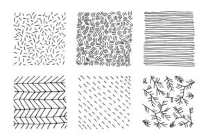 conjunto de texturas en blanco y negro dibujadas a mano con puntos, círculos, semicírculos, líneas y trazos discontinuos. formas dibujadas a mano de garabatos. manchas, gotas, curvas, líneas. vector