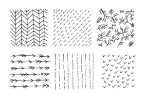 Set of hand-drawn black and white textures with dots, circles, semicircles, lines and dashed strokes. Hand-drawn forms of doodles. Spots, drops, curves, lines. vector