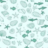 Seamless pattern with fish icons, shells, starfish on a blue background. Vector illustration