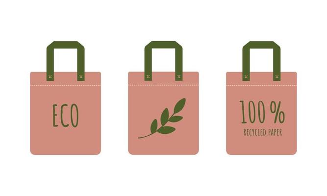Tote bag set in flat style. Reusable bag with lettering inscription eco, recycling paper. Environmental ecological care clip art. Zero waste.Vector illustration