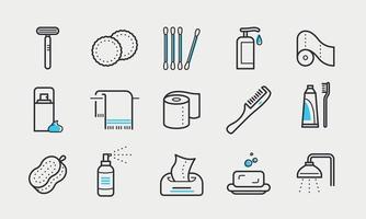 Set of bathroom accessories line icons. Cosmetic beauty care products, towels, hygiene and grooming accessories. Vector illustration