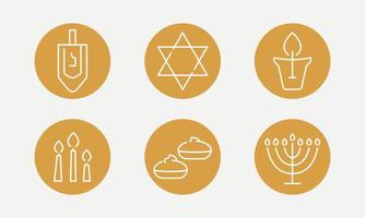 Hanukkah line icons set. Jewish religion holiday. Set includes icons as hanukkah doughnut, menorah, dreidel, candel light, David star, kosher oil. Vector illustration