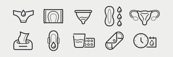 Feminine hygiene and health. Menstruation line icon set. Vector illustration