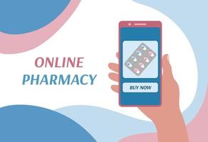Online pharmacy banner design. Purchase of medicines in mobile phone application. Person holding smartphone and ordering pills in internet store. Medicines delivery service. Flat vector illustration