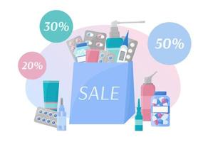 Pharmacy Sale vector banner.  Purchase of medicines concept. Pharmacy products in bag and discount percents. Set of piles, capsules, sprays. Flat illustration