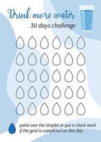 Drink water tracker. Personal 30 days challenge printable template. Habits tracker blank. Vertical page A4 A5. Vector illustration of paper sheet for marking success in month