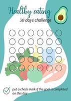 Healthy eating tracker. Nutrition personal 30 days challenge printable template. Healthy food diet habits tracker blank. Vector illustration of paper sheet for marking progress in month