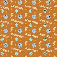 Groovy good vibes pattern. Seamless trendy retro 70s background with smiling faces and text. Vector colorful illustration. Repeat vintage groovy pattern
