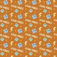 Groovy good vibes pattern. Seamless trendy retro 70s background with smiling faces and text. Vector colorful illustration. Repeat vintage groovy pattern