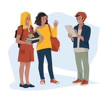 Students, pupils. Girls with books and a briefcase, a guy with a tablet. Back to school. Vector image.