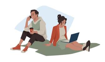Girl with a laptop. The guy is talking on the phone. The students are sitting on the grass. Rest in the meadow. Vector image.
