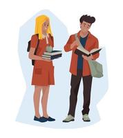 Students, schoolchildren, teenagers. Girl and guy with books and briefcase. Back to school. Vector image.