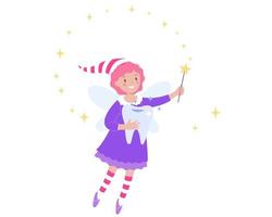 Smiling tooth fairy holds a tooth in her hand vector