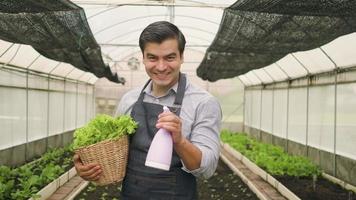 un agricultor con una cesta de verduras bromea divertidamente, rociando agua de niebla a la cámara con una sonrisa feliz en el invernadero de la plantación. jardinero con productos orgánicos naturales de vivero agrícola.