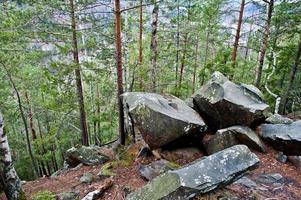 grandes piedras de rocas en el bosque húmedo en las montañas de los Cárpatos. foto