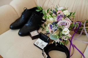 Close up of groom accessories. Wedding details. Man's style. photo