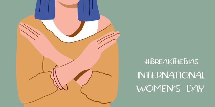 Horizontal poster with a woman with her arms crossed over her arms. Break The Bias campaign. International Women's Day. Movement against discrimination and stereotypes vector