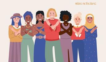 A group of women of different nationalities with their hands crossed. Break The Bias campaign. International Women's Day. Movement against discrimination and stereotypes vector