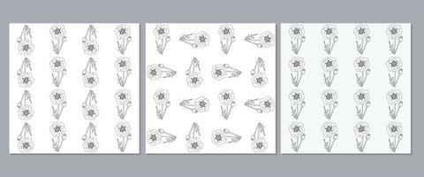 Set of botanical seamless patterns with stylized poppies. Floral modern vector print linear hand drawn