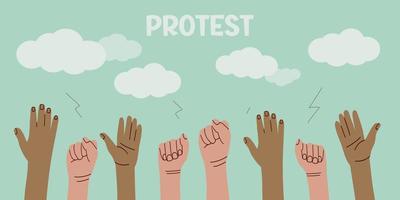 Hands and fists of people of different nationalities and races raised in the air. Protest and strike. Fighting for their rights. Men and women express dissatisfaction and defend their position vector