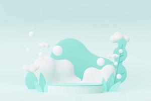 Abstract Pastel of nature, flowers leaves and tree plants with Podium stand platform. Cute Cartoon natural landscape background. Scene of spring colorful plants with minimal design. 3D Render. photo