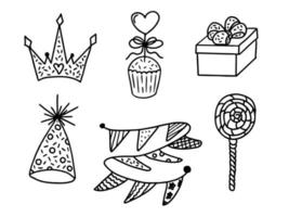 Set of Happy Birthday doodles. Sketch of party decoration, gift box, cake, party hats. Hand drawn vector illustration isolated on white background.