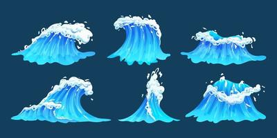 Cartoon sea waves collection. Set of blue ocean waves with white foam vector illustration
