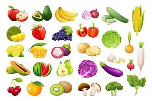 Vector set of fruits and vegetables in cartoon style. Healthy food illustration