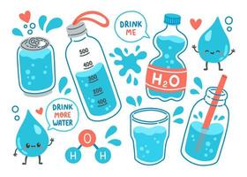 Drink more water set h2o vector illustration. Cartoon water bottles. Sports and glass bottle and glasses with liquids. Stay hydrated. Jar and cup with straw with liquid.