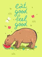 Postcard with a cute capybara and an inscription. Vector graphics.