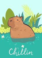 Postcard with a cute capybara and an inscription. Vector graphics.