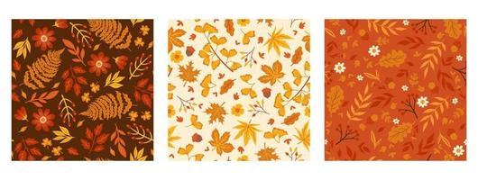 Set of autumn seamless patterns with leaves, berries, flowers. Vector graphics.