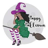 Halloween holiday Beautiful witch on a broom, fashion vector illustration print