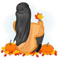 Autumn, brunette holding leaves, back, pumpkins, vector illustration, print