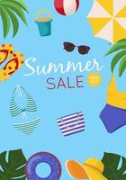 diseño de banner web de venta de verano. texto de descuento de venta de verano con elementos de playa como traje de baño, pelota de playa y chanclas para promoción de temporada de verano para pancartas, papel tapiz, volantes, invitación vector