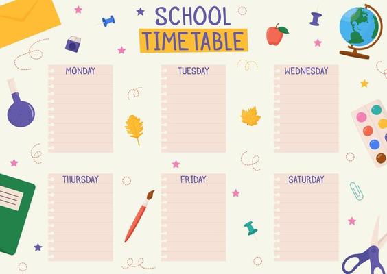 Cute childish school timetable, weekly classes schedule for kids with school supplies. Printable planner, diary for student. Stationery set for children. To Do List.