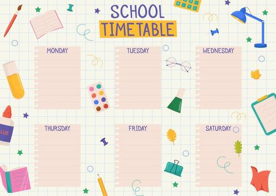 Cute childish school timetable, weekly classes schedule for kids with school supplies. Printable planner, diary for student. Stationery set for children. To Do List