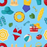 Set of cute summer elements surfboard, cocktail, bag, hat, palm tree, bikini, flip flops, beach umbrella, ball, sand castle, lifebuoy. Summer seamless pattern vector