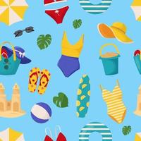 Set of cute summer elements surfboard, cocktail, bag, hat, palm tree, bikini, flip flops, beach umbrella, ball, sand castle, lifebuoy. Summer seamless pattern