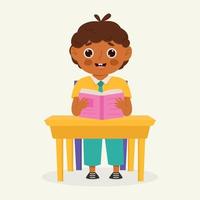School kid with school supplies sitting at a school desk. Kid with backpack and book. Colorful cartoon character. Flat vector illustration.