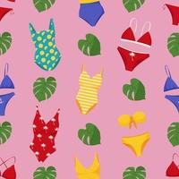 Women's swimwear seamless pattern. Fashionable swimsuits or bikini tops and bottoms. Women's swimsuits for summer vacation vector