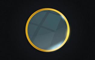 Realistic glass effect in a circle golden frame. Luxury mirror mockup vector illustration.