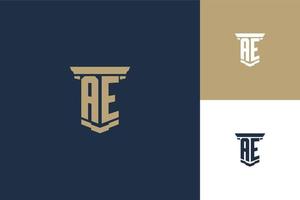 AE monogram initials logo design with pillar icon. Attorney law logo design vector