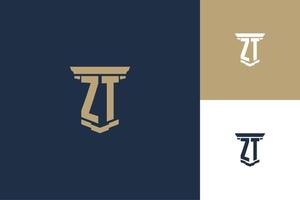 ZT monogram initials logo design with pillar icon. Attorney law logo design vector